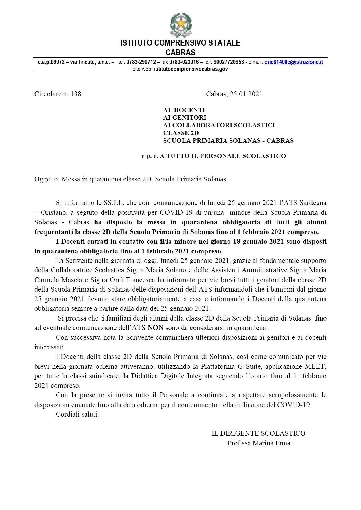 Circolare n 138 Messa in quarantena classe 2D Scuola Primaria Solanas