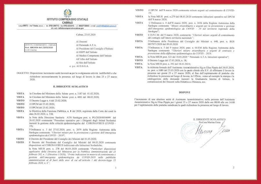 Disposizione incremento unità lavorativa per lo svolgimento attività indifferibili e che richiedono necessariamente la presenza sul luogo di lavoro in data 25 e 27 marzo 2020jpg