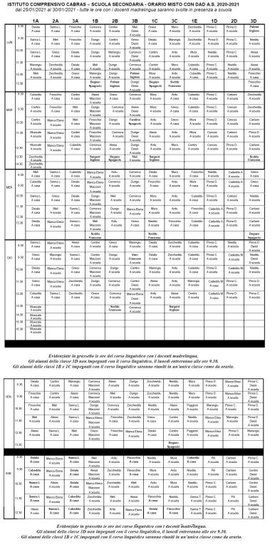 mini ORARIO MISTO CON DAD A.S. 2020 2021 dal 25 01 2021 al 30 01 2021